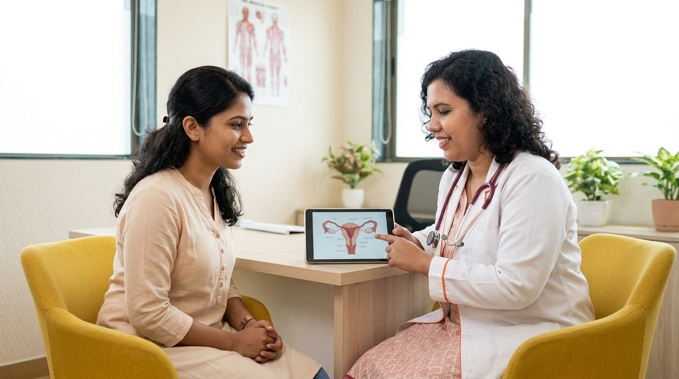 A gynaecology consultation — a doctor talking a patient through a scan